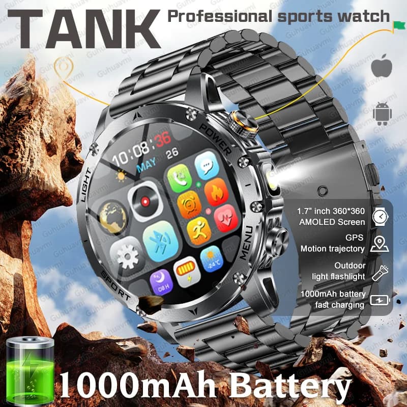 2026 New Smart Watch Men 1000mAh Battery Outdoor Flashlight Clock Bluetooth Call Military Waterproof Sport Fitness Smartwatch