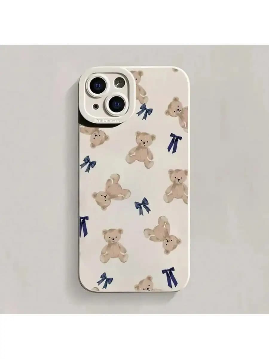 Matte Soft Phone Case With Bear And Bow Pattern For iPhone 15 14 13 12 11 Pro XR XS 8 Plus SE