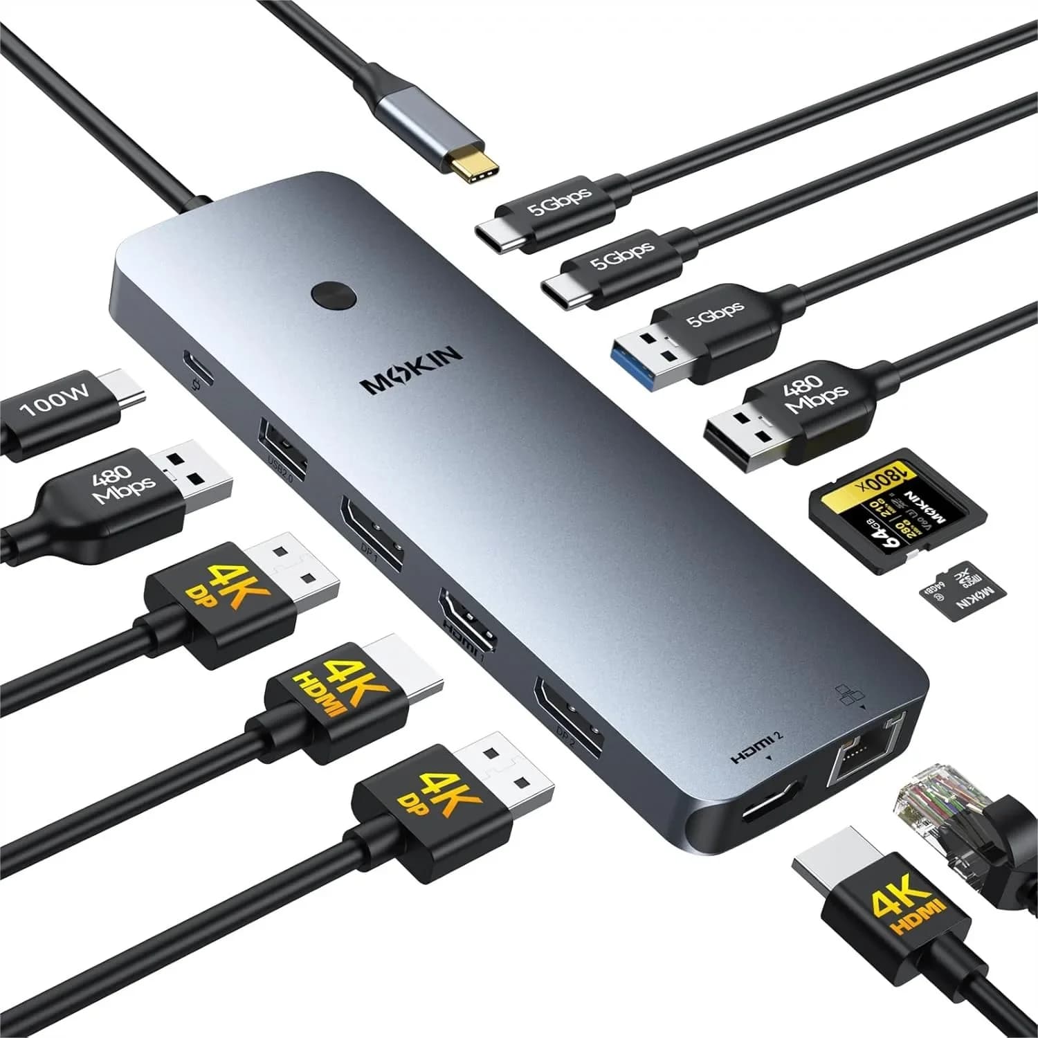 Docking Station USB C 14-in-1 con 3 Monitor, Doppia HDMI e DP, 100W PD, Ethernet RJ45 per Dell/HP/Lenovo