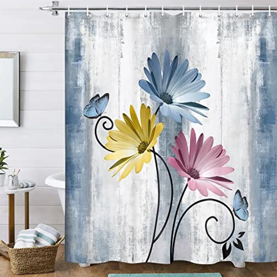 Rustic Farmhouse Shower Curtain, Farm Blue Daisy Floral Flowers and Butterfly on Country Wooden Shower Curtain for Bathroom, Tu