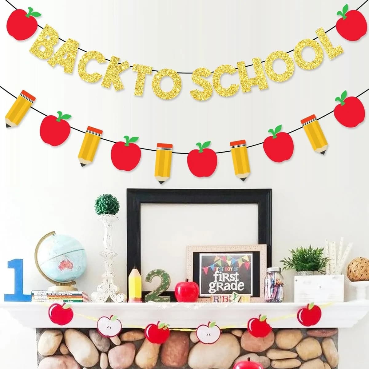 Back to School Banner Set, Glitter Gold "Back to School" with Apple & Pencil Bunting for Classroom Party Decor