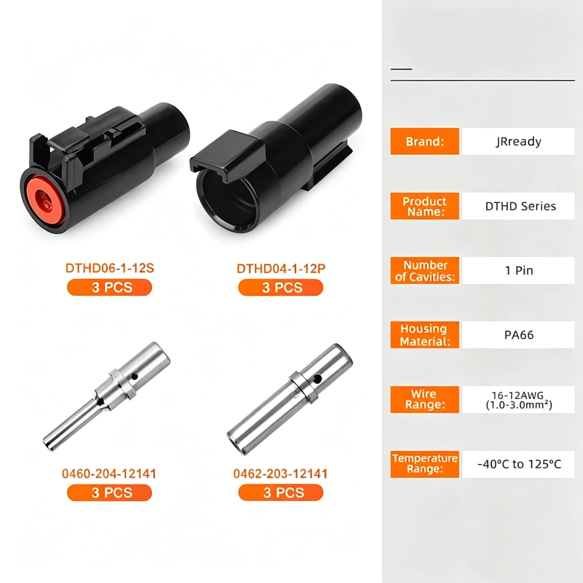 JRready DTHD Waterproof Connector Kit (DTHD06-1-12S+DTHD04-1-12P, 1 pin 3 Sets each) with Formed & Stamped pin&Socket Terminal​