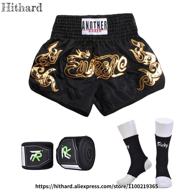 Pantaloncini Muay Thai con Set di Fasce per Caviglie e Mani Abbinati, Pantaloni Classici da Boxe Thailandese per Uomini, Donne e Bambini, Shorts da MMA e Kickboxing
