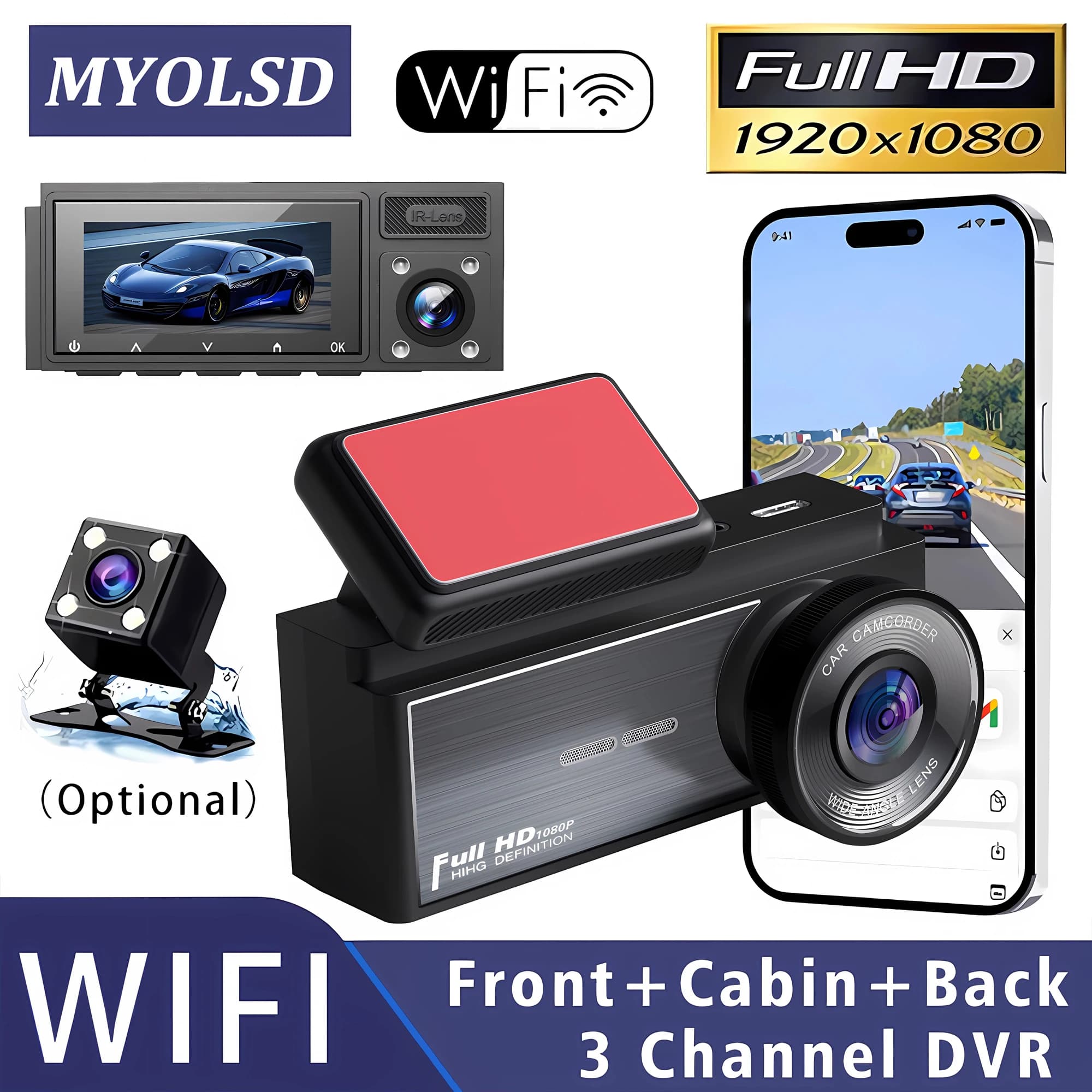 Dash Cam for Car with 3 WiFi cameras FHD 1080P Video Recorder with 3 Channels Front View and Back Night Vision Black Box DVR for Vehicle Security