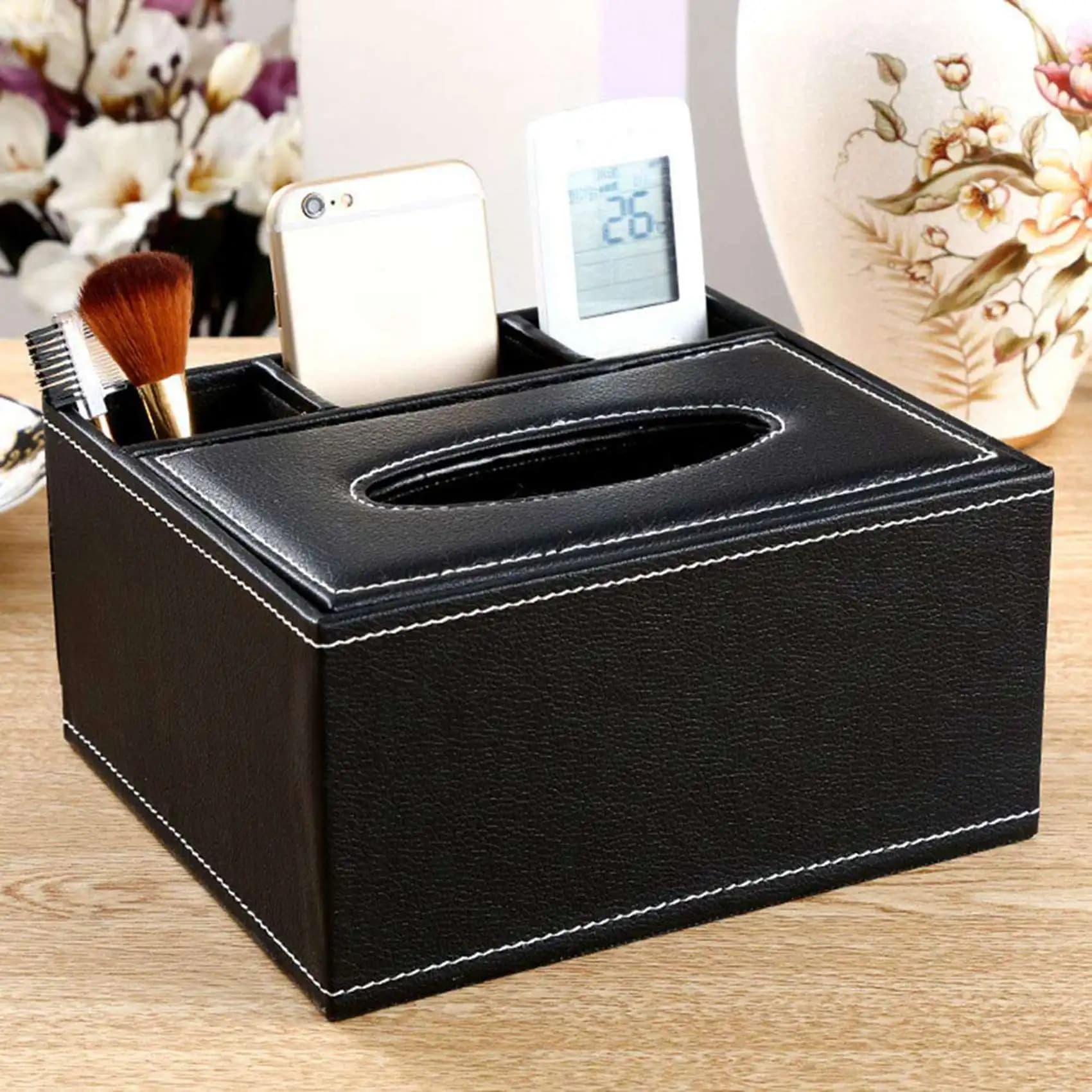 ABWR-2X Scatola per fazzoletti in PU Supporto per telecomando Organizzatore da tavolo multifunzionale Contenitore per forbici per matite (Nero)