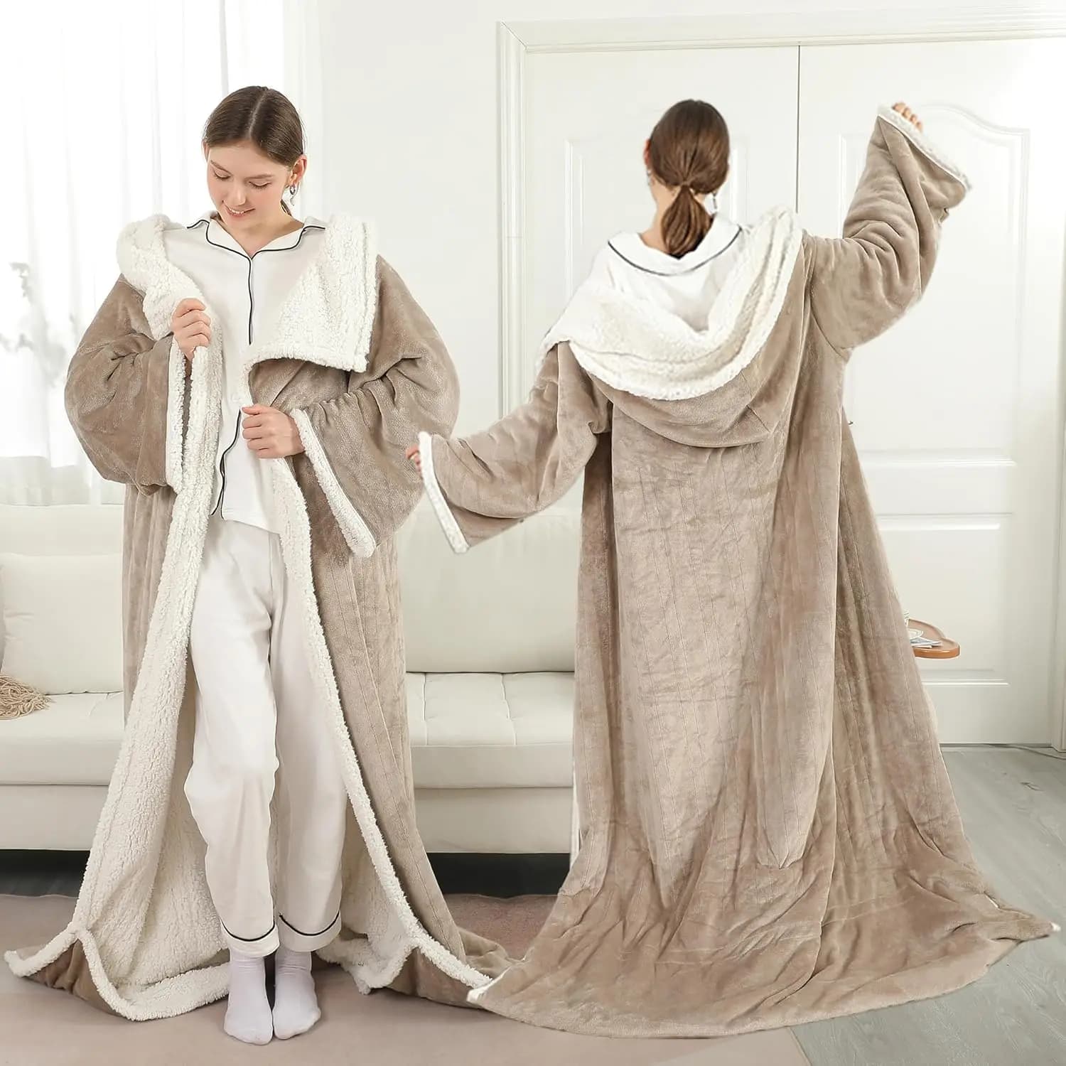 Coperta Elettrica Riscaldata con Tasca per i Piedi, 6 Livelli di Calore e Spegnimento Automatico, Felpa con Cappuccio Indossabile per Donne 50x70 Beige Chiaro