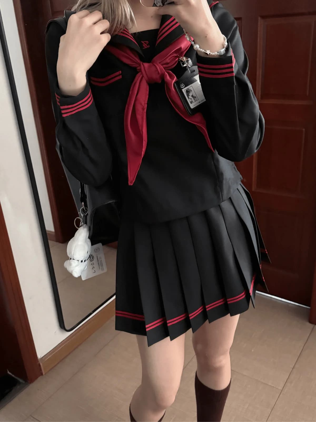 Original High Quality School Uniform Set Black And Red Three Pieces Sailor Suit Jk Costume Thickened Long Sleeve Short Skirt