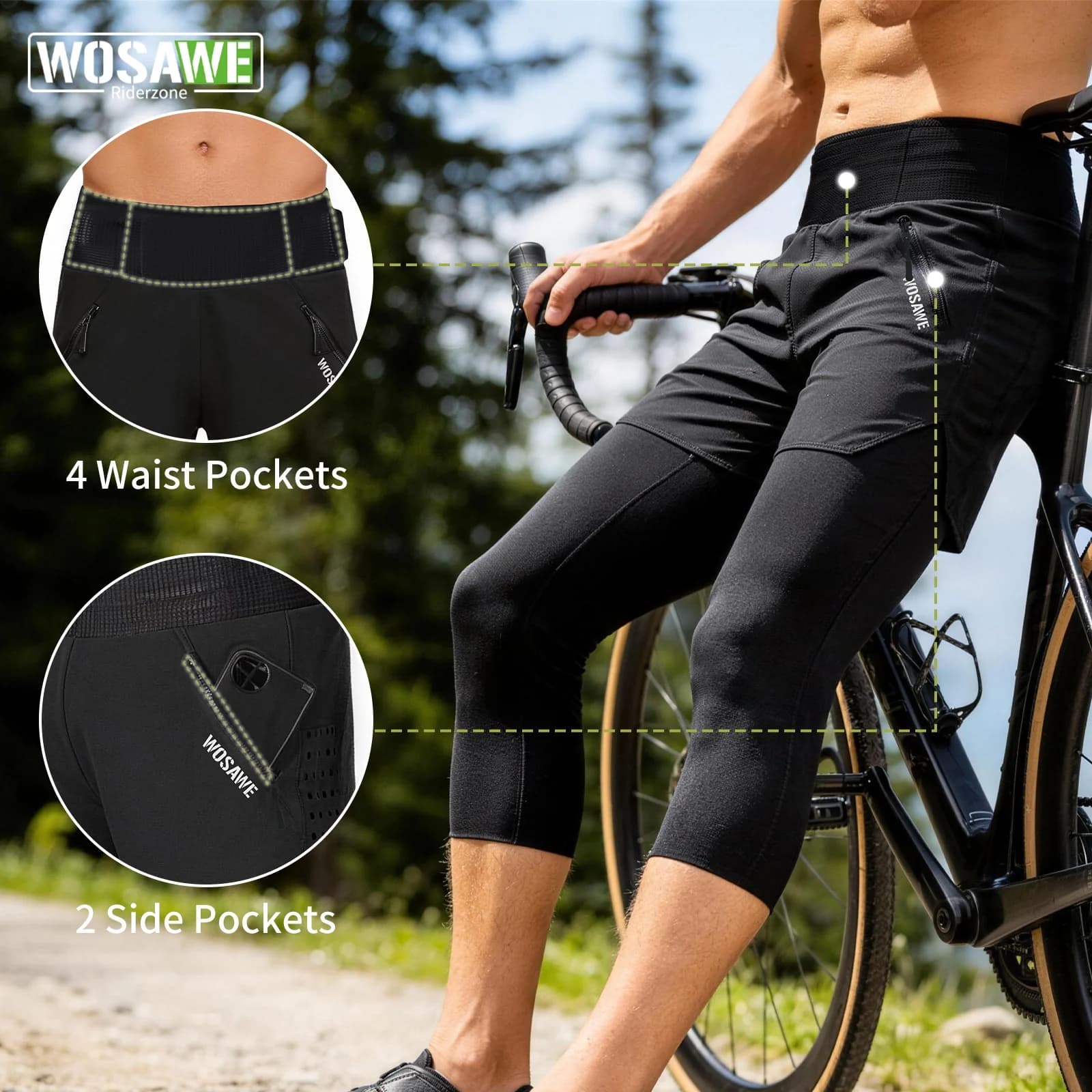 WOSAWE Summer 2-in-1 MTB Cycling Pants Men Women High-waisted Road Bike Capris Double Layer Pant