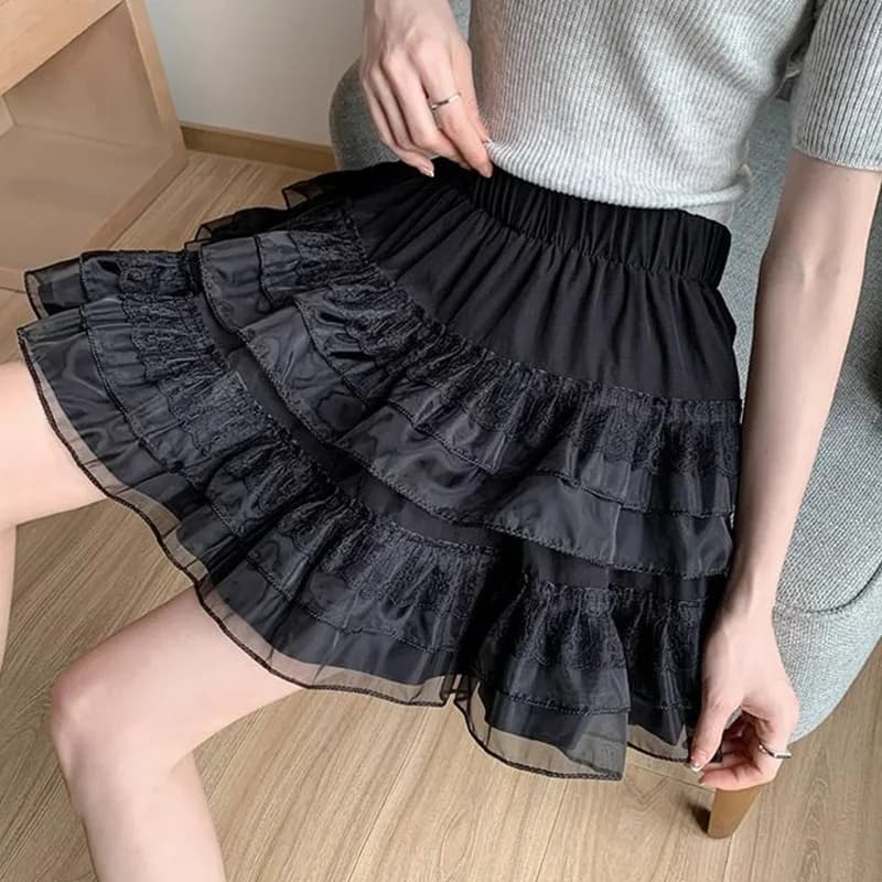 Gonna coreana a strati in pizzo con patchwork, gonna dolce a vita alta da donna, stile preppy, linea ad A, svasata, alla moda estiva