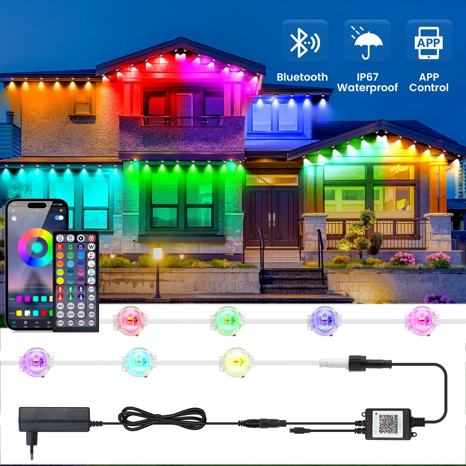 RGBCCT Striscia LED 24V 15m 30m 60m Luci esterne permanenti Controllo Bluetooth IP67 Luci per grondaia impermeabili per Natale Matrimonio