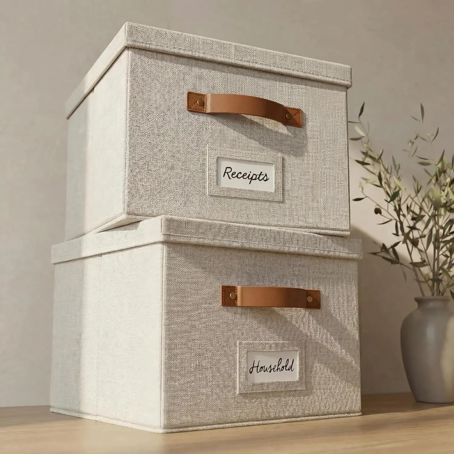 Set di 2 Scatole Organizzatrici Decorative per Documenti - Contenitori Pieghevoli in Lino con Maniglie per Documenti e Cartelle Sospese