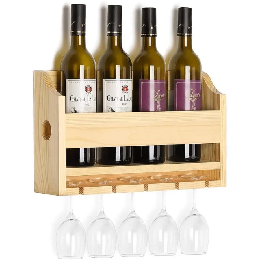 Portabottiglie da Parete NEX in Legno con Supporto per 5 Calici a Stelo Lungo