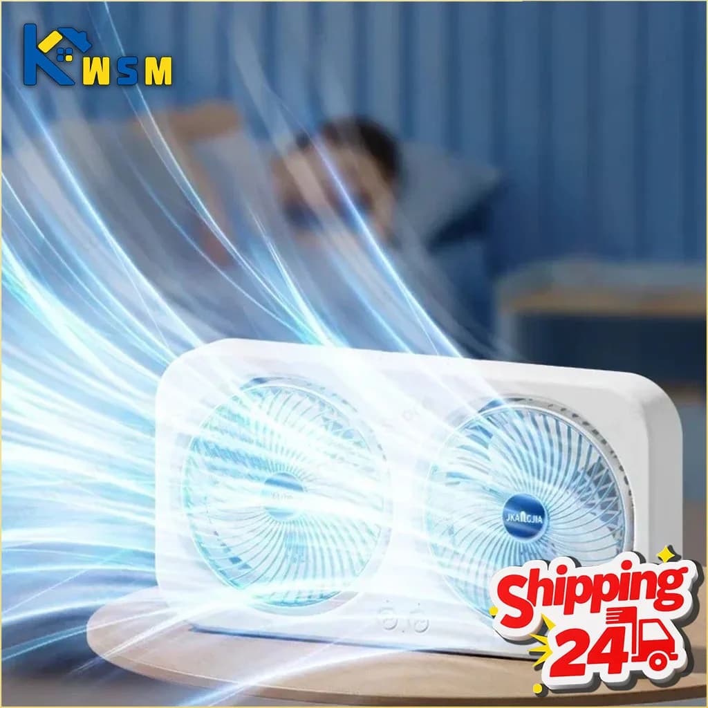 Wall mounted double head table fan, rechargeable via USB, 3 speed, silent, portable, with large capacity battery, for living room, office, dorm