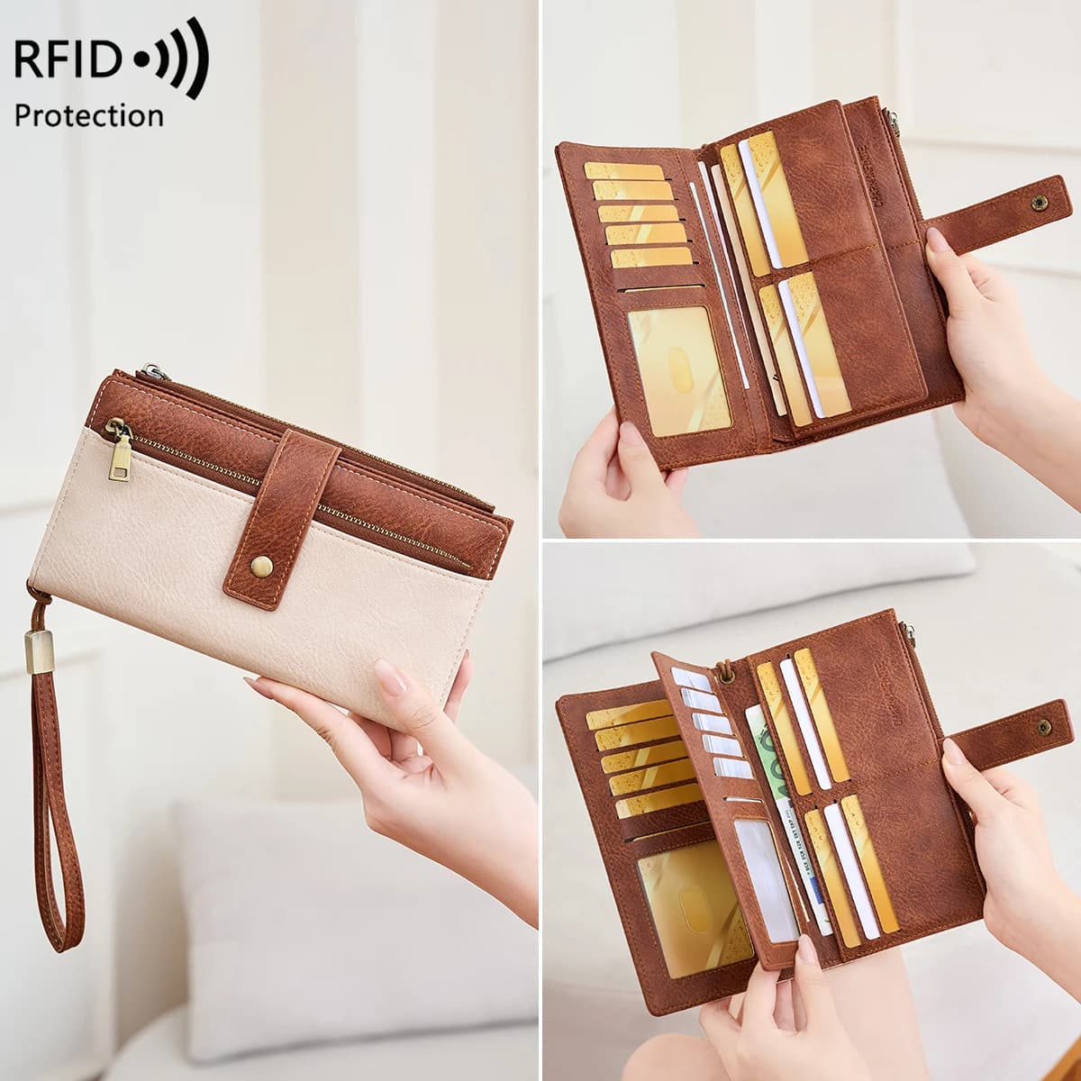 Portafoglio con blocco RFID stile vintage, pochette lunga a tre pieghe, slot multi-carta per il pendolarismo quotidiano, business casual