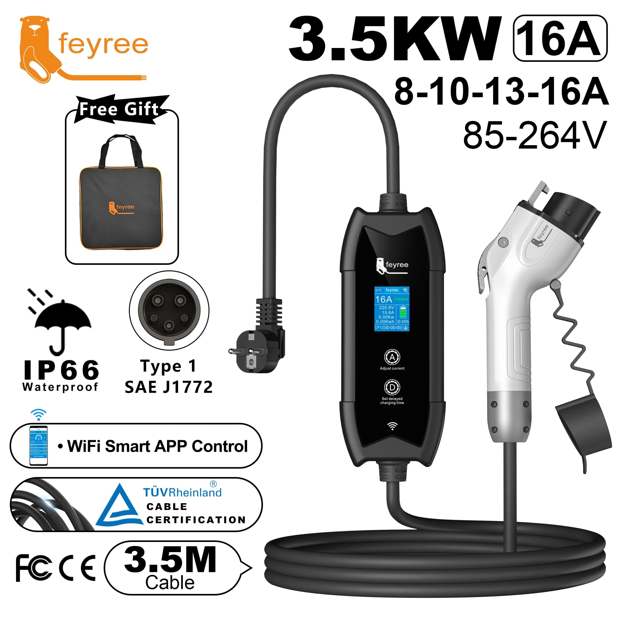 feyree Type1 Caricatore EV portatile Cavo da 3,5 m con controllo APP WIFI 16A 3,5 kW Set Tempo di ricarica e ritardo per auto EV, spina personalizzabile