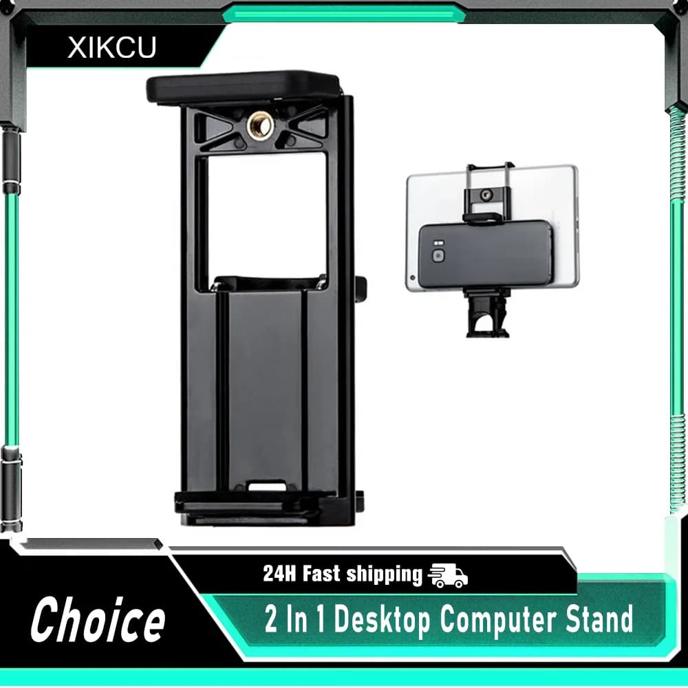 2 In 1 Universal Tablet Phone 1/4" Tripod Mount Clamp Holder Bracket Selfie Clip Stand