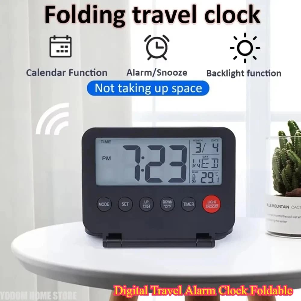 Sveglia digitale da viaggio pieghevole - con calendario retroilluminato Snooze Temperatura Termometro LCD