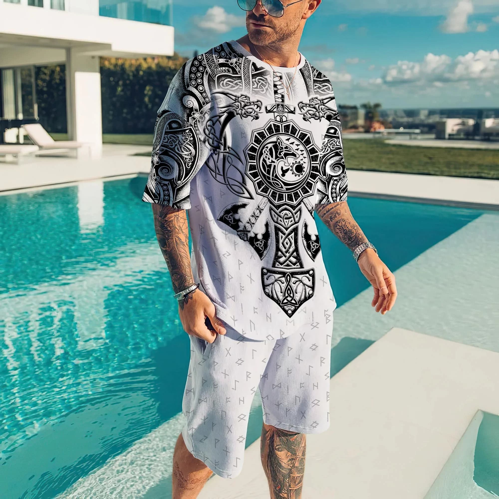 Fenrir Wolf Raven Tattoo Vegvisir Rune Set da uomo stampato in 3D T-shirt e pantaloncini Combo T-shirt casual stile estivo unisex LMTZ15
