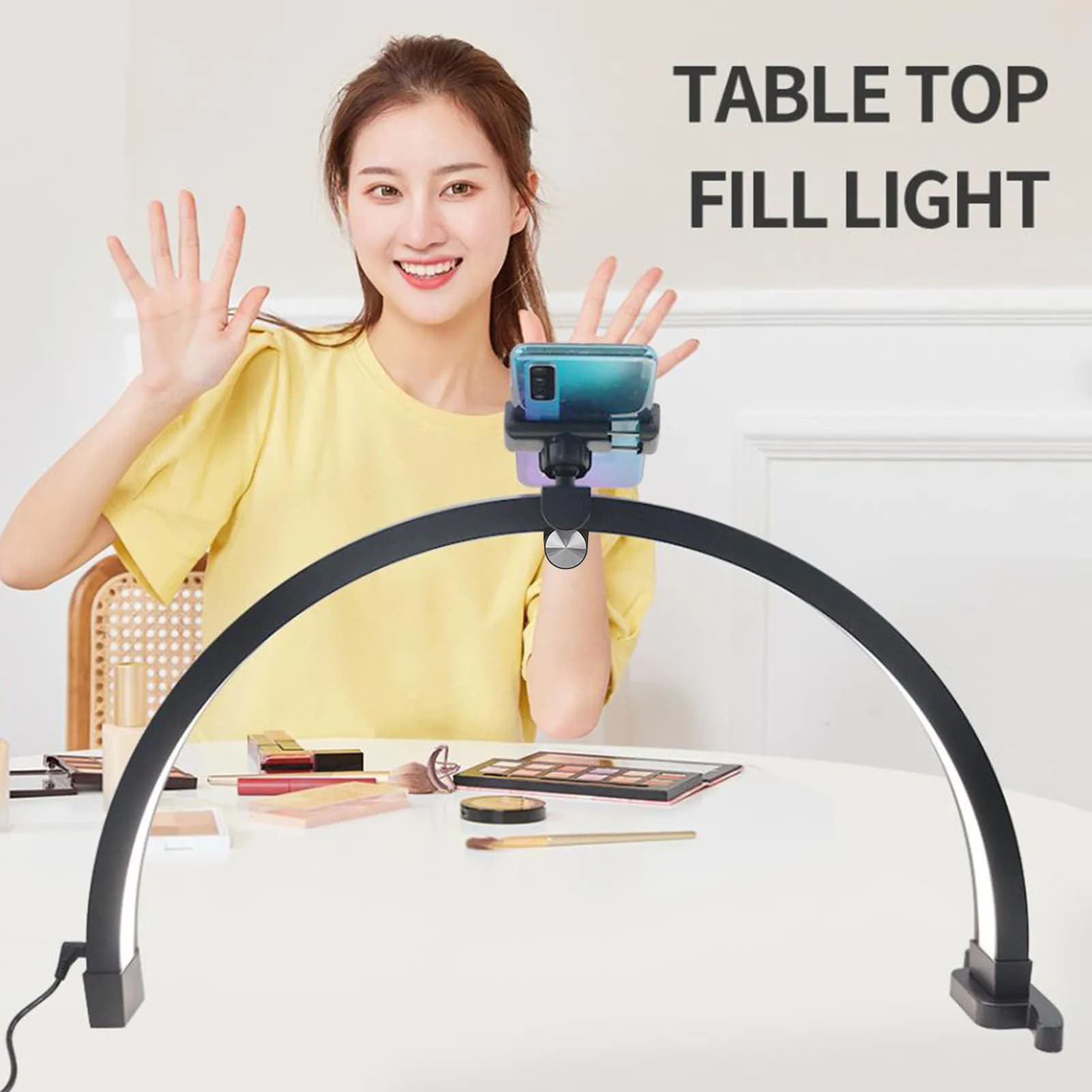 Lampada da Tavolo a Mezzaluna per Unghie da 20 Pollici, Pieghevole, Alta Resa Cromatica, 20W, con Tasto Touch e Clip per Telefono, per Nail Art