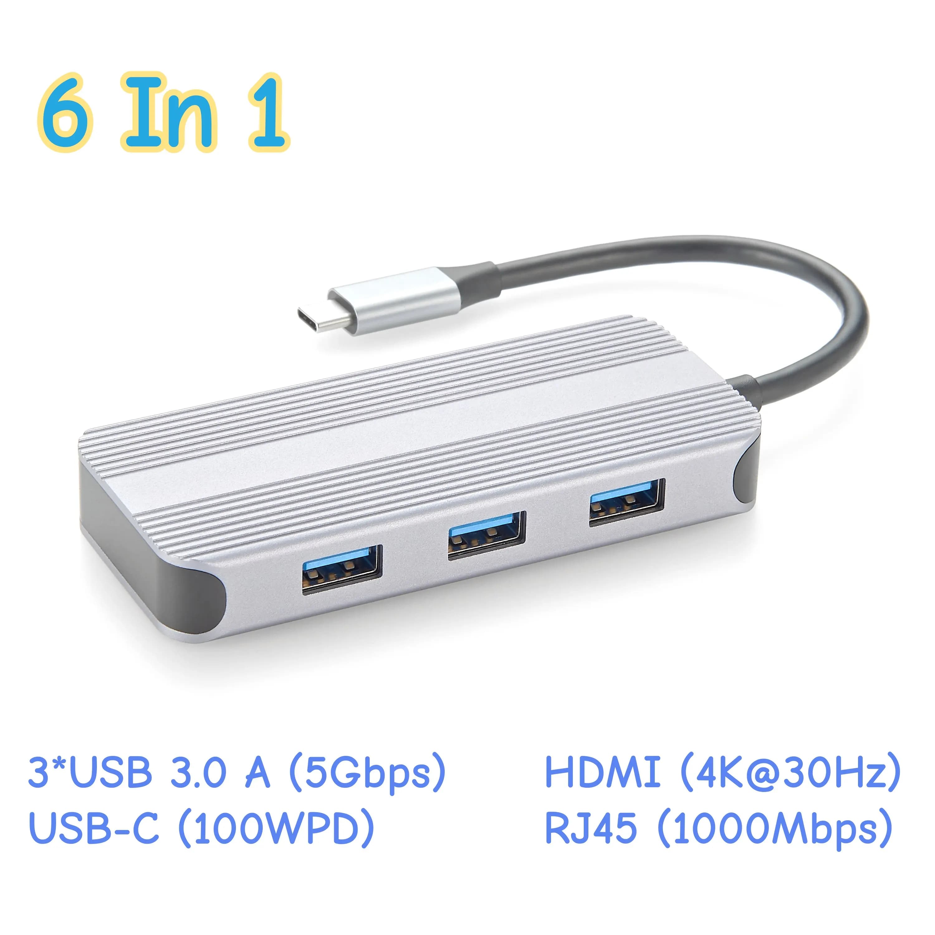 USB Type-C 6-Port Mini Docking Station, USB-C to 4K@30Hz HD Adapter Hub with 60W Power Delivery, RJ45 Ethernet, 3 USB 3.0 Port