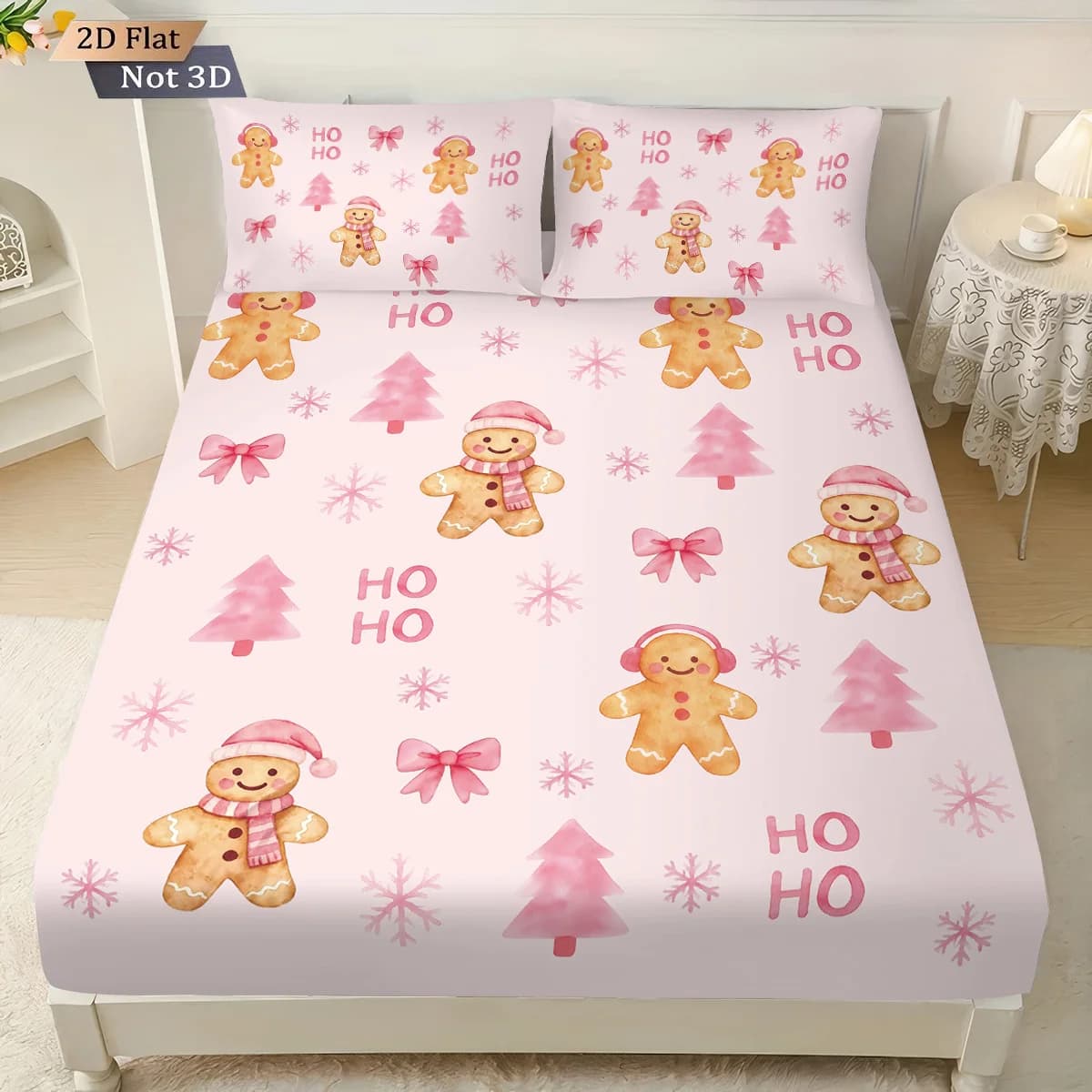 Set di lenzuola senza anima con stampa di pan di zenzero natalizio rosa da 3 pezzi, comode copriletto di diverse dimensioni, decorazioni natalizie per le vacanze