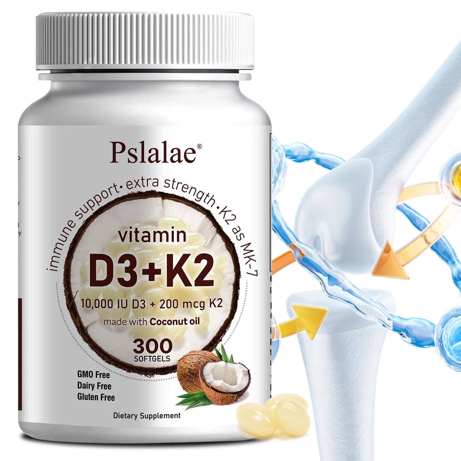 Vitamin D3 + K2 Capsules - Supports circulation, for bone suplement, joints, teeth and skin and immune health, calcium absorption
