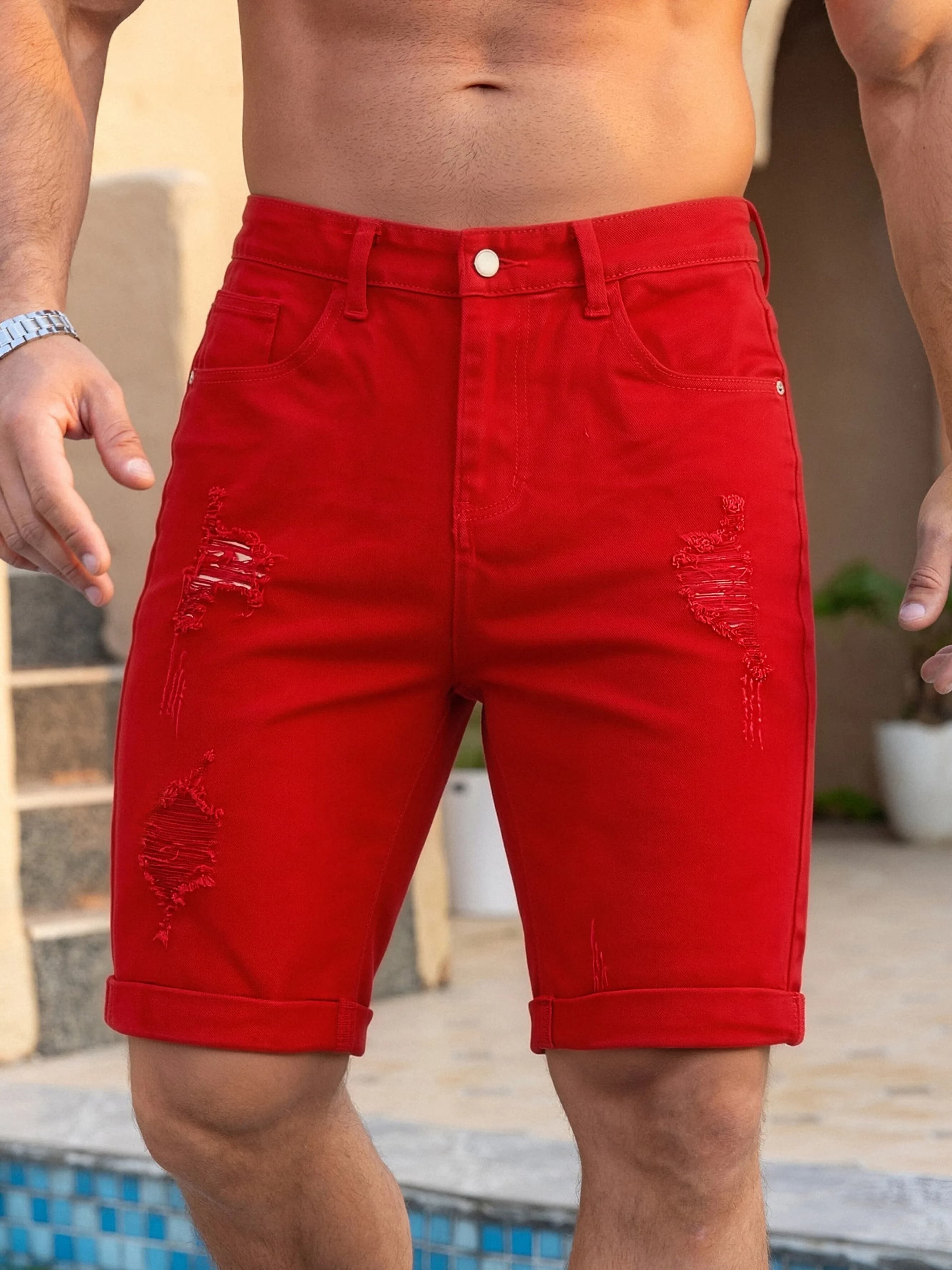 Nuovi Arrivi 2025: Shorts in Denim Rosso Effetto Vissuto per Uomo, Casual, Lunghezza al Ginocchio, con Orlo Arrotolato, Streetwear Maschile, Jeans Estivi da Spiaggia
