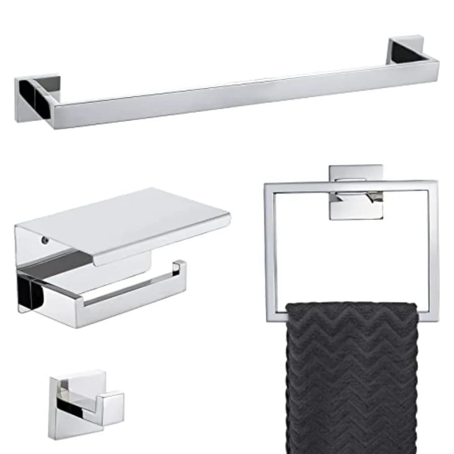 Set di 4 Accessori per Bagno in Cromo, Portasciugamani da Parete, Kit di Accessori Quadrati in Acciaio Inossidabile per Bagno