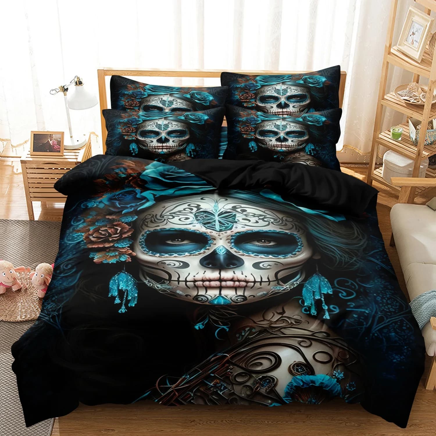 Set copripiumino gotico con teschio di zucchero e rosa blu, 3 pezzi, set biancheria da letto floreale con teschio, per camere da letto familiari, dormitori, hotel