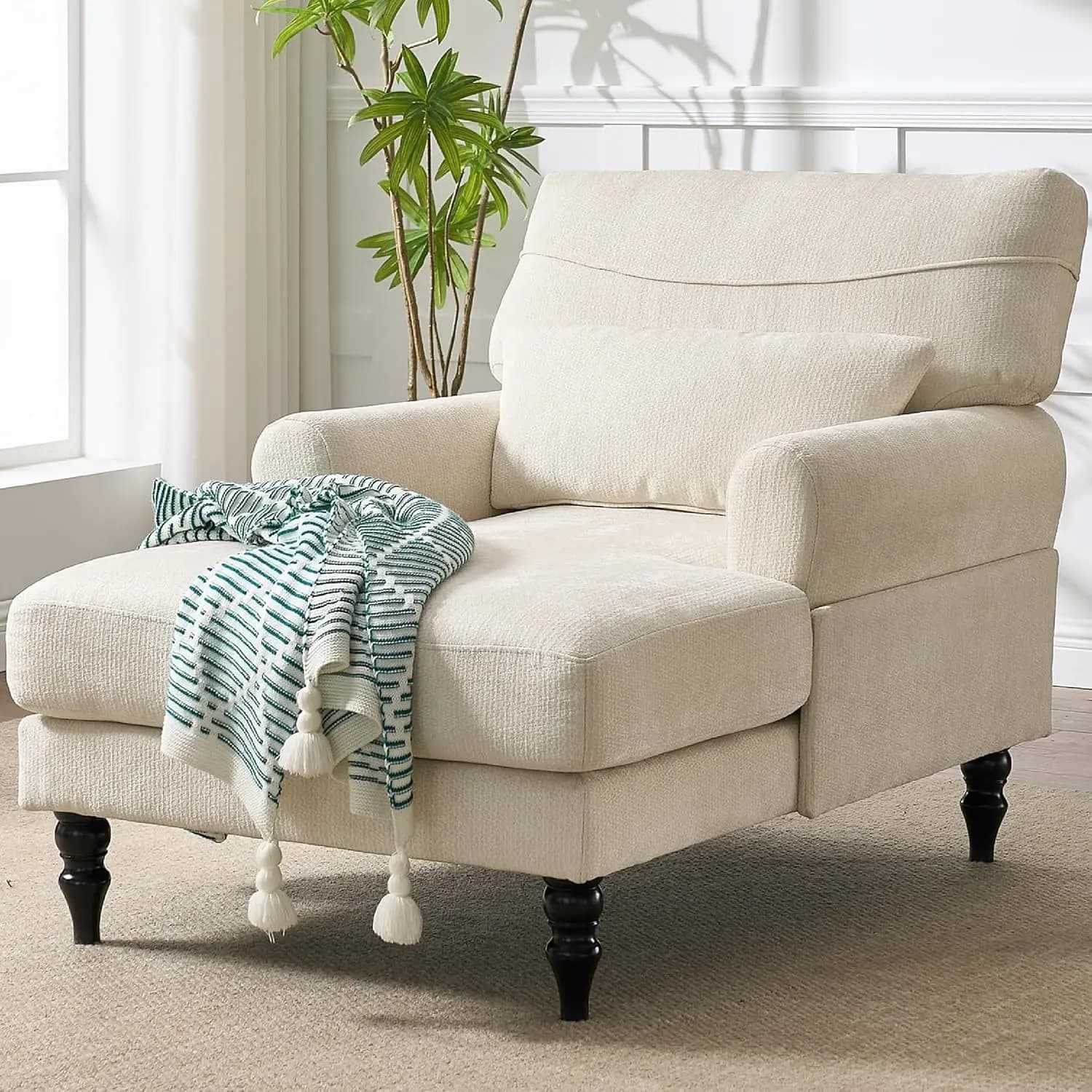Modern Upholstered Chaise Lounge Sleeper Chair w/ Deep Cushion for Living Room & Bedroom, White, Customized