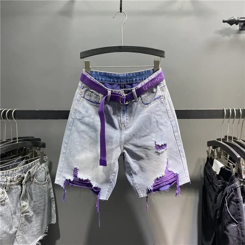 Y2K Purple Liner Distressed Denim Bermuda Shorts With Belt Ripped Frayed Hem High Waist Loose Wide Leg Jean Shorts Women