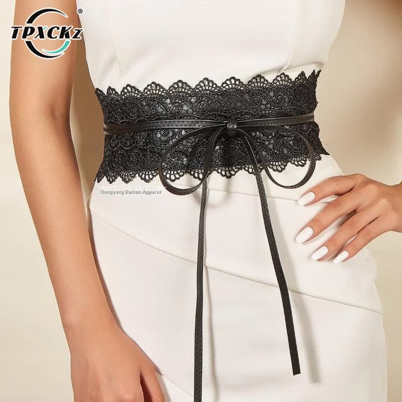 [SL]Boho Lace Bow Waist Belt Wide Scalloped Edge Decorative Lace Belt Wide Waist Seal For Dresses Skirts And Casual Outfits