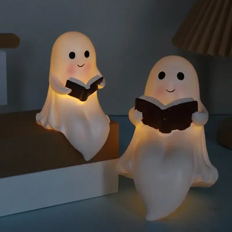 Fantasma Decorazioni di Halloween Luce notturna Decorazioni di Halloween Fantasma per interni Libro di lettura Figurine Amanti dei libri Regali Decorazioni da tavola