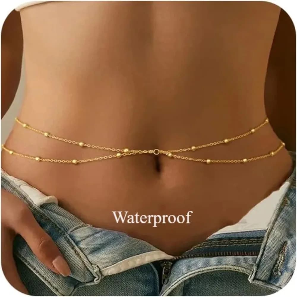 Catena da Vita per Donne Impermeabile, Placcata in Oro 14K Acciaio Inossidabile Catena a Strati per Pancia Sexy Bikini con Perline Satellite Gioielli per il Corpo
