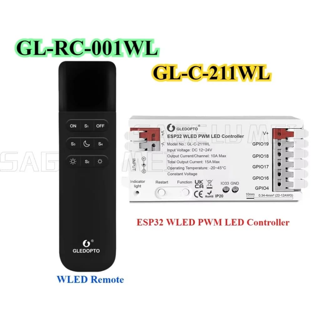 GLEDOPTO 5 in 1 GL-C-211WL/GL-RC-001WL WiFi App DC12-24V For RGBCCT RGBW RGB WWCW CCT Dimmer ESP32 PWM WLED LED Controller