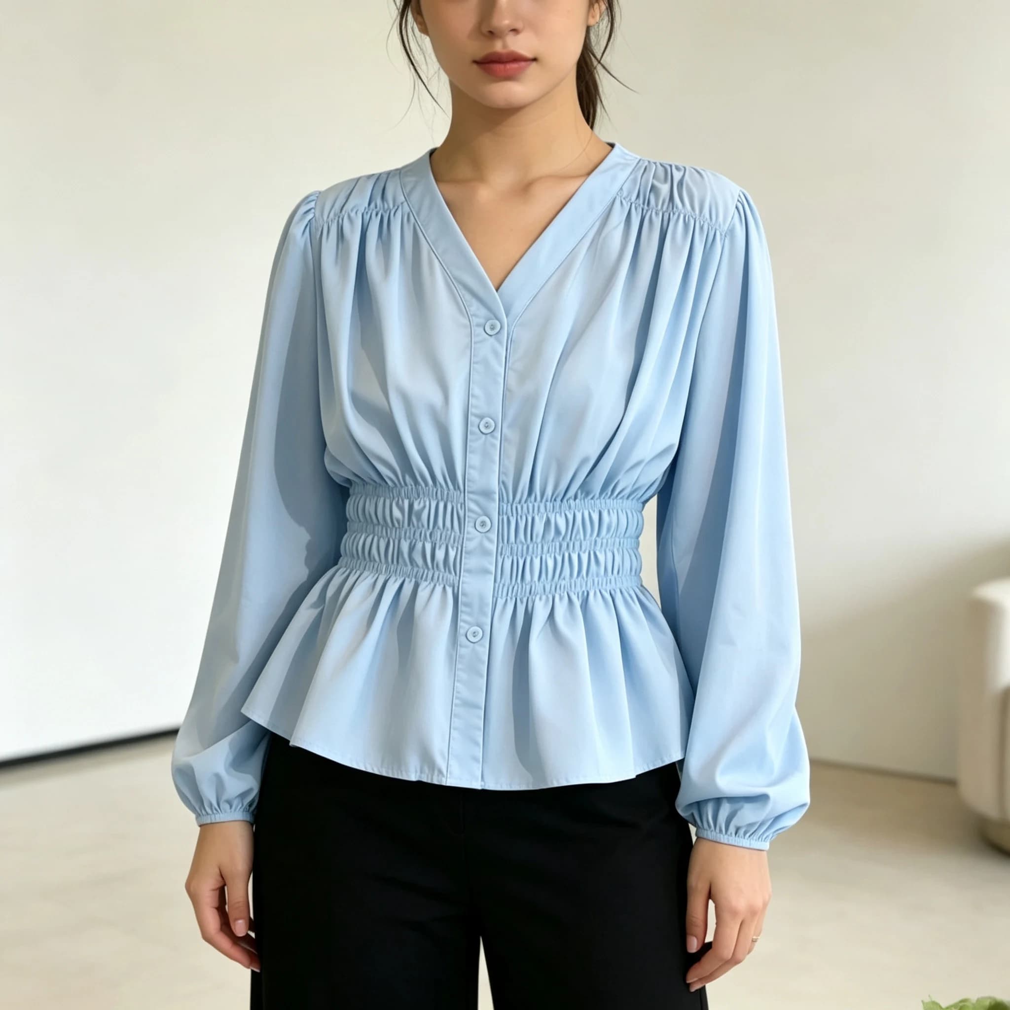 Camicia e Blusa da Ufficio Plus Size da Donna, Top Tinta Unita, Abbigliamento Femminile Elegante Stile Francese Chic Coreano con Scollo a V e Vita Elastica, Modello Base