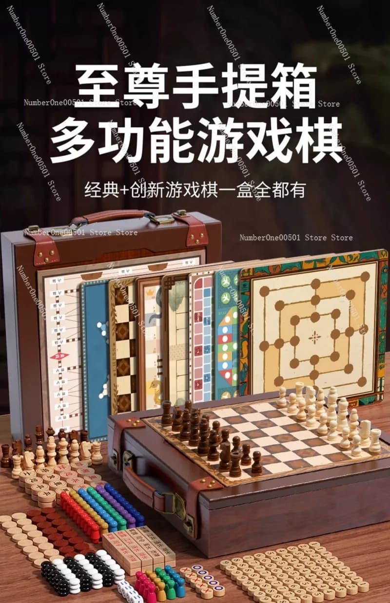 Giocattoli educativi per bambini all-in-one in legno, scacchi volanti, dama, backgammon, giochi da tavolo per scacchi