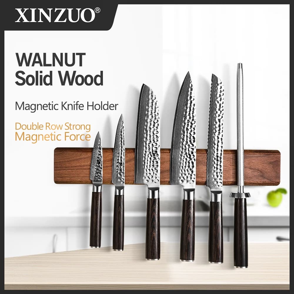 XINZUO 40cm magnetic knife holder in solid walnut wood double row strong magnetic force without nails/punching kitchen accessories