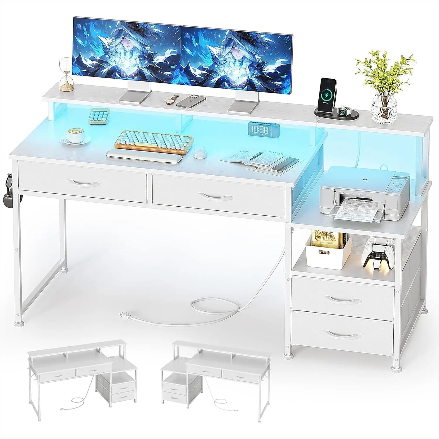 Scrivania per Computer da 53 Pollici con 4 Cassetti e Prese di Corrente, Scrivania Reversibile per Ufficio Domestico con Supporto Monitor, Scrivania Gaming con Luci LED per