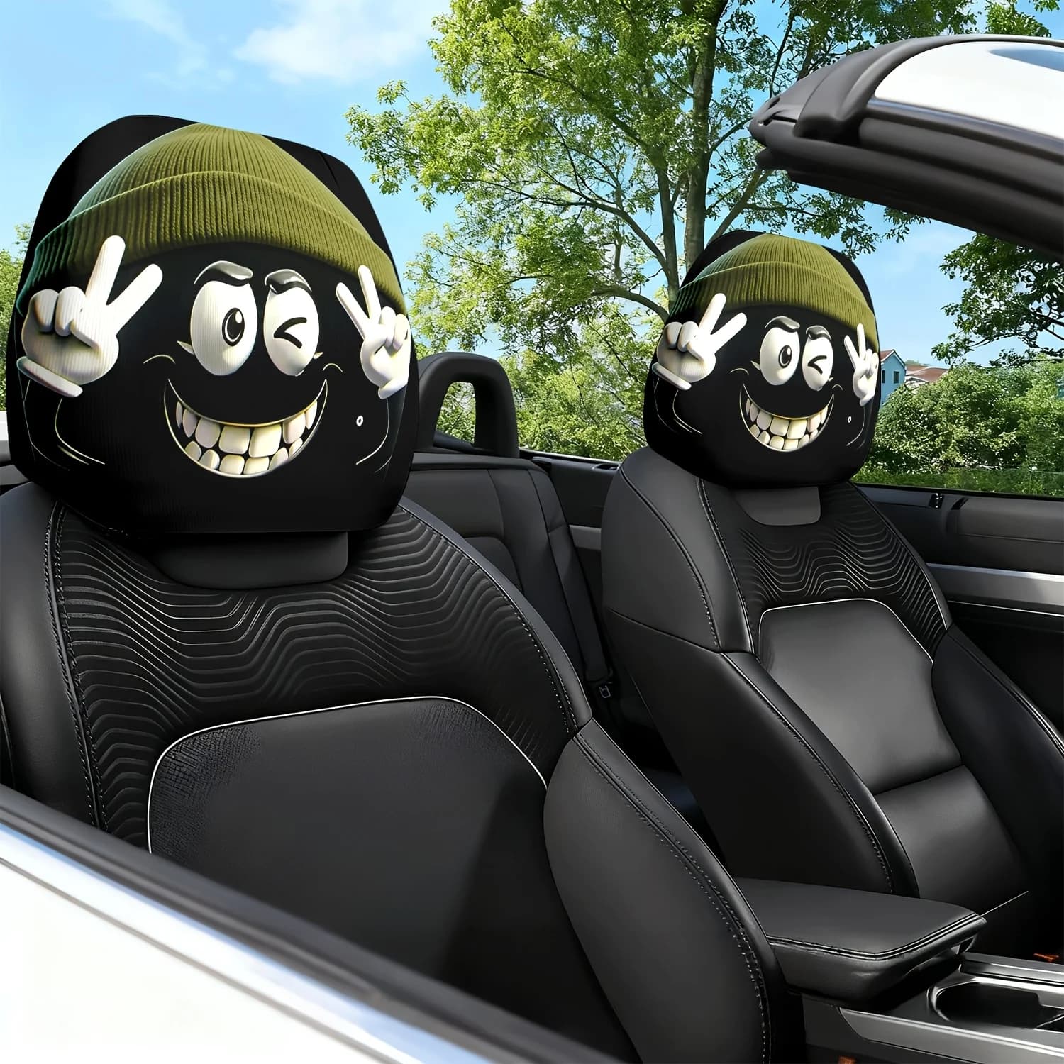 2 Pezzi Copricuscino Poggiatesta Auto con Stampa a Tema Espressioni Divertenti e Cappello Verde - Design Carino - Accessori Auto