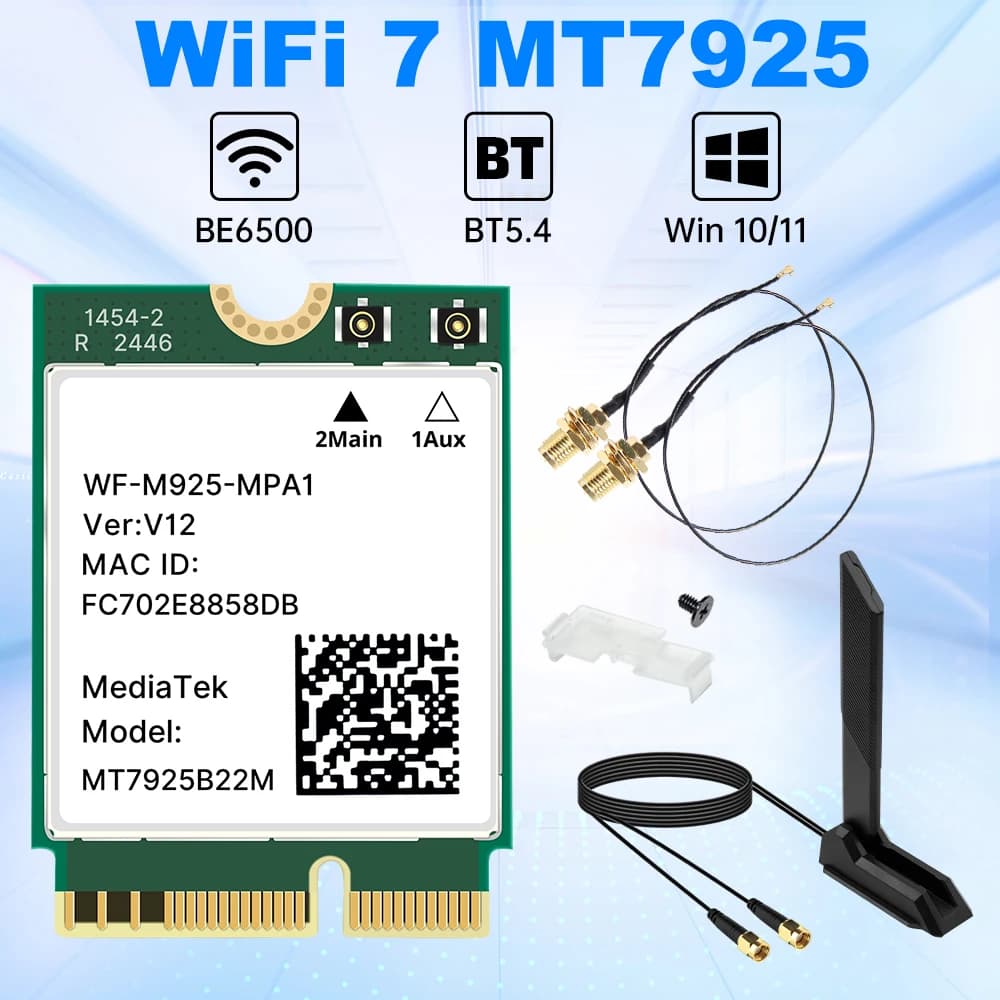 Scheda di Rete WiFi 7 MT7925 BT5.4 6500Mbps 802.11BE con Antenna Esterna, Adattatore Ethernet WiFi M.2 Key E per Win10/11
