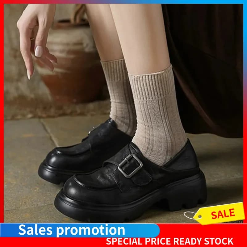 Women Cow Leather Platform Loafers Round Toe 5.5CM Mid Heel Metal Buckle Pigskin Lining Foam Rubber Sole High Comfort Daily F92