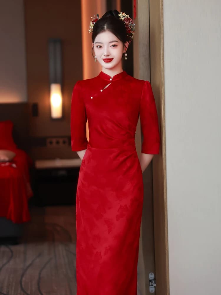 Red Wedding Dress Seven-Quarter Sleeve Low Slit Chiffon Fabric for Engagement And Bridal Dresses Traditional Chines...
