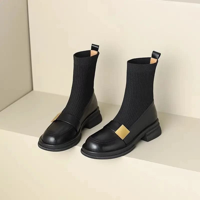 Stivaletti sottili elastici lavorati a maglia da donna 2025 Autunno e inverno Nuovi mocassini Calzature vintage con tacco medio grosso e casual