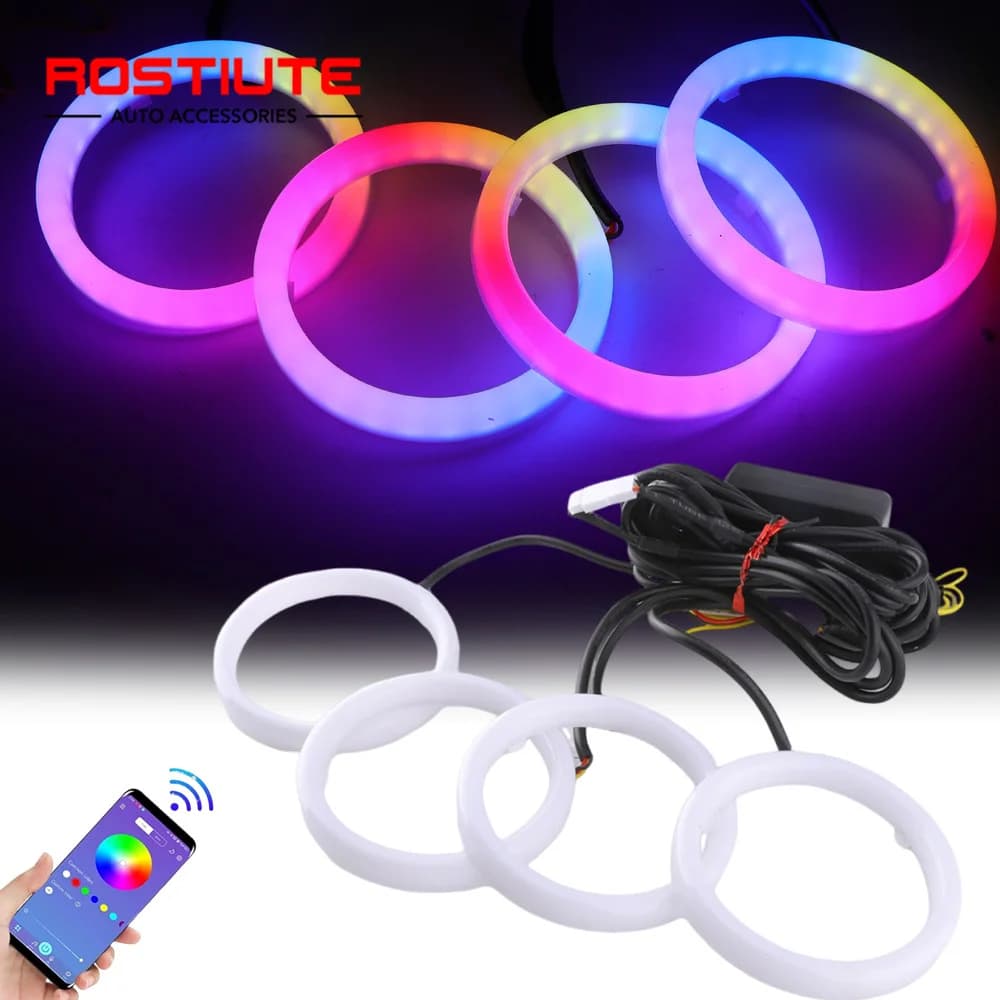 4PCS 60mm 70mm 80mm 90mm Dinamico RGB Cotone Angel Eyes Anello Led Universale Angel Eyes Halo Anello per Fari Auto App di Controllo