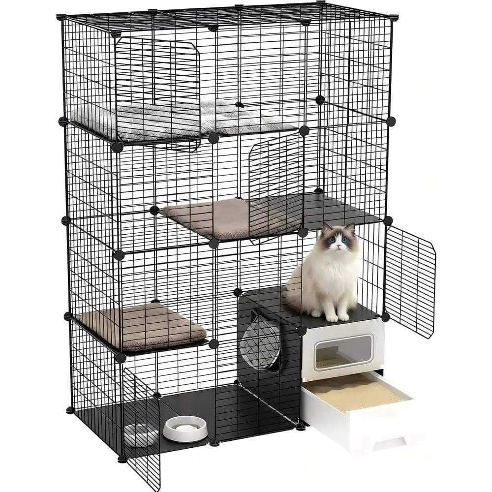 Recinto per Gatti da Interno con Lettiera, a 4 Livelli, Fai-da-te, Box per Gatti da Interno ed Esterno, Grande Recinto in Metallo Smontabile Ideale per l'Esercizio
