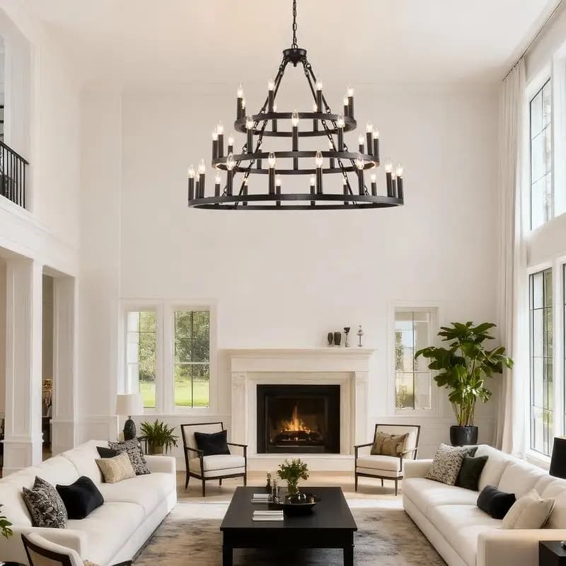 3 level chariot chandelier 39.37 inch, black metal ceiling luminaire 36 high ceiling lights in living room,