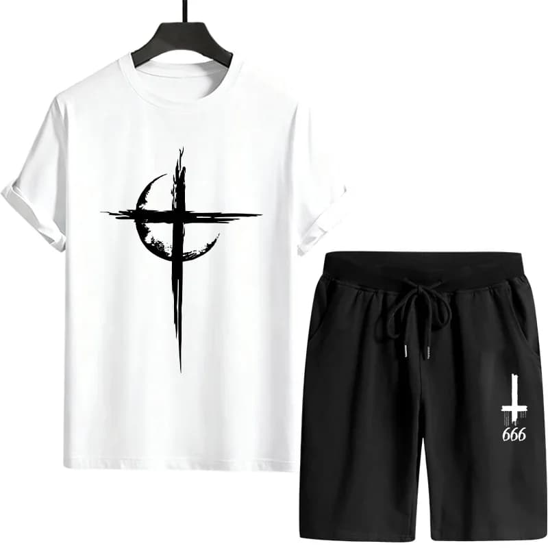 Men's Summer Dress 2 Pieces 2026: T-shirts and Shorts with Satanic Pattern, Casual Sporty Urban Clothing