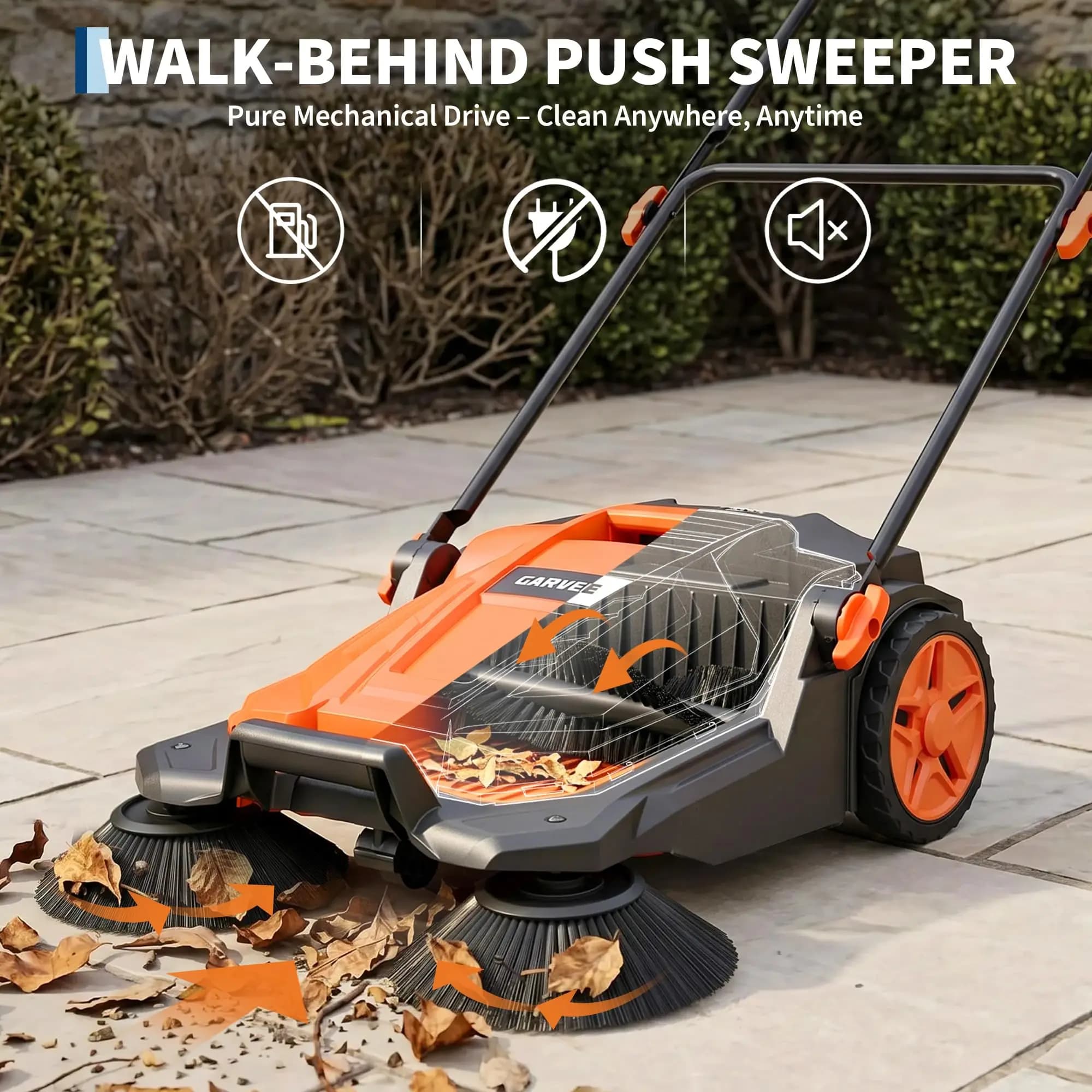 Manual Walk-Behind Push Sweeper 25.6 in Wide Non-Electric Outdoor Floor/Yard Sweeper with 5-Gallon Waste Bin, Adjustable Folding Handle for Garage Patio Driveway