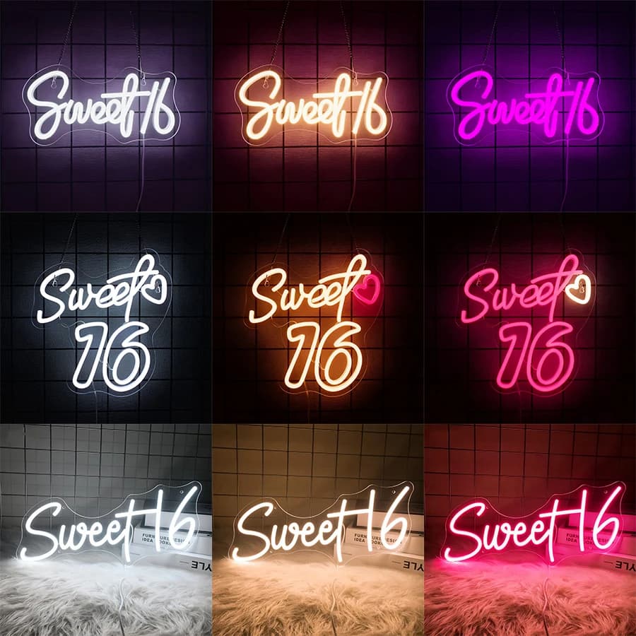 Dolce 16 LED Neon Light Sign Sweet Girls Adulti Camera da letto Happy 16th Birthday Party Decorazione da parete Banner Bella sorella Bestie
